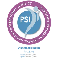 Postpartum Support International Certified Perinatal Mental Health Professional badge, Annemarie Bello